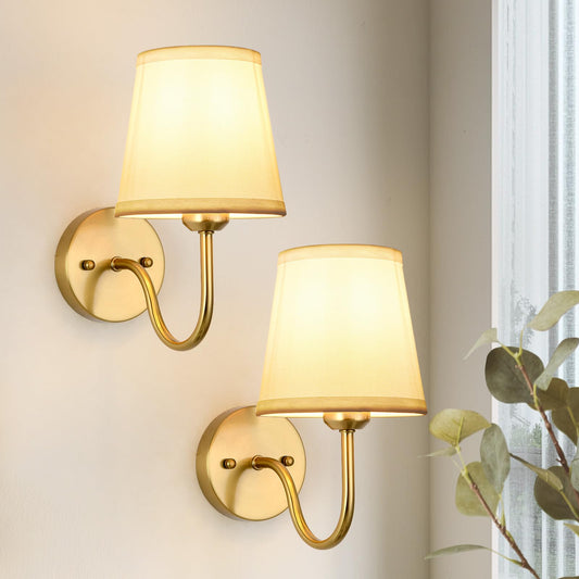 Smeike Wall Sconce Set Of 2  Gold Bathroom Vanity Sconces Wall Lighting  Indoor Wall Lights With Light Beige Fabric Shades  Wall Mounted Lamps For Bedroom Living Room Hallway