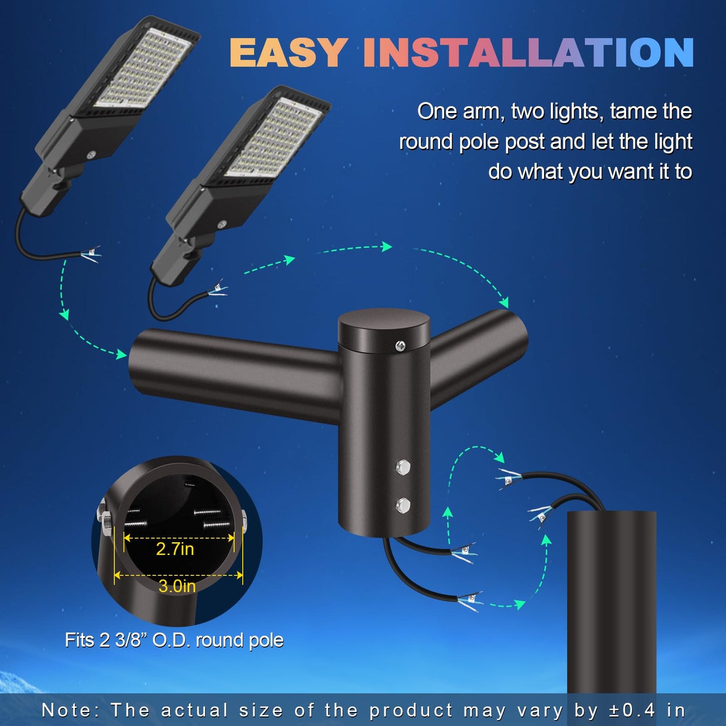 Ledmo 90 Tenon Adaptor With 2 Arms  Double 2-3/8 Round Slip Fitter Bracket  Lighting Mounting Heavy Duty Extension Round Pole For Parking Lot Area Light Street Floodlight Solid Rustproof