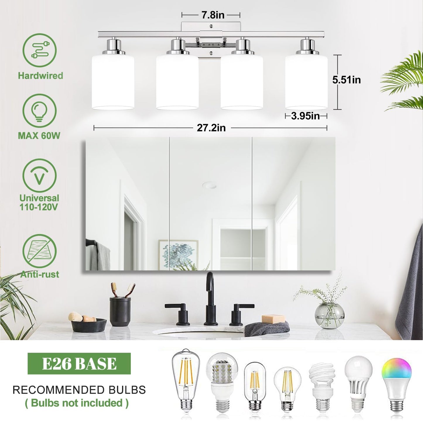 4-Light Vanity Light With Milky White Shades  Chrome Bathroom Lighting Fixtures Over Mirror  Modern Bathroom Wall Lamp For Mirror Living Room Cabinet Bedroom
