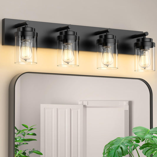 Izorro Bathroom Vanity Light Fixture  4-Light 27.5 Inch Matte Black Bathroom Light Fixtures Over Mirror  With Clear Glass Shade  Modern Farmhouse Vanity Lights  Rustic Restroom Lighting Fixtures