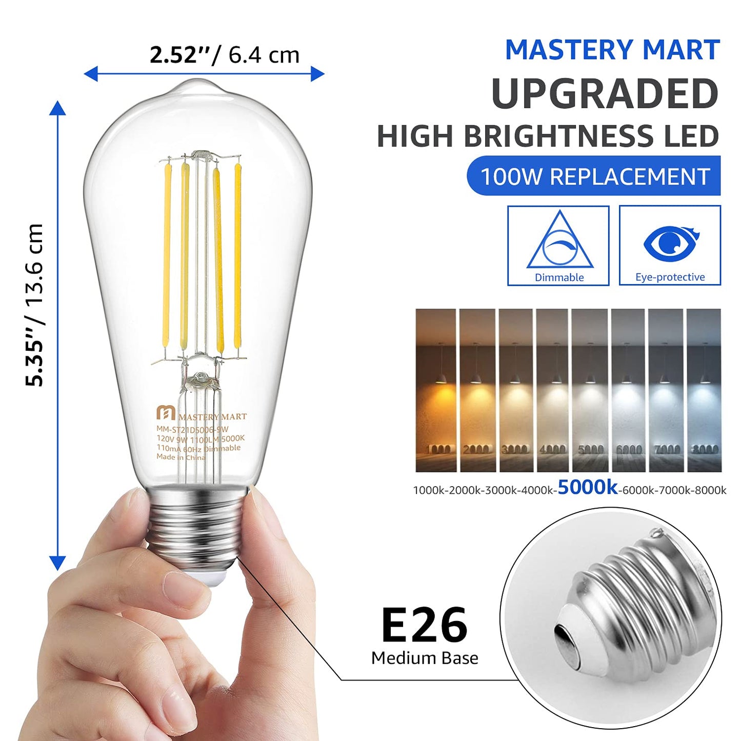MASTERY MART ST21 Dimmable LED Vintage Edison Bulb 100W Equivalent 5000K Daylight White 10 Pack E26 Base 1100LM