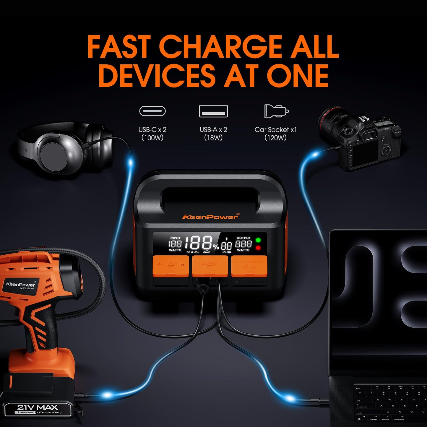 KeenPower 8000A LiFeMnPO4 Jump Starter for All 12V Cars, DC+PD 200W Two-Way Fast-Charging Portable Car Starter (PD Charger NOT Included), 30 Mins Full Charge, Powerful Jump Box w/Large Screen & Light