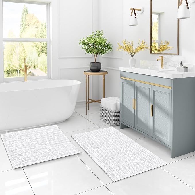 Arotive Luxury Chenille Bathroom Rug Mat, Extra Soft Thick Absorbent Shaggy Bath Rugs, Non-Slip Machine Wash Dry, Plush Bath Mats for Bathroom, Shower and Tub, 60x20, White