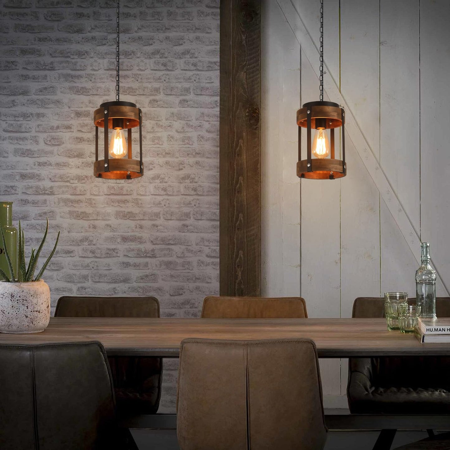 2 Pack Rustic Farmhouse Wood Pendant Light Fixture One-Light Adjustable Chain Oak Wood And Metal Drum Cage Small Pendant Lighting For Kitchen Island Sink Hallway Farmhouse Bathroom Bar  Black