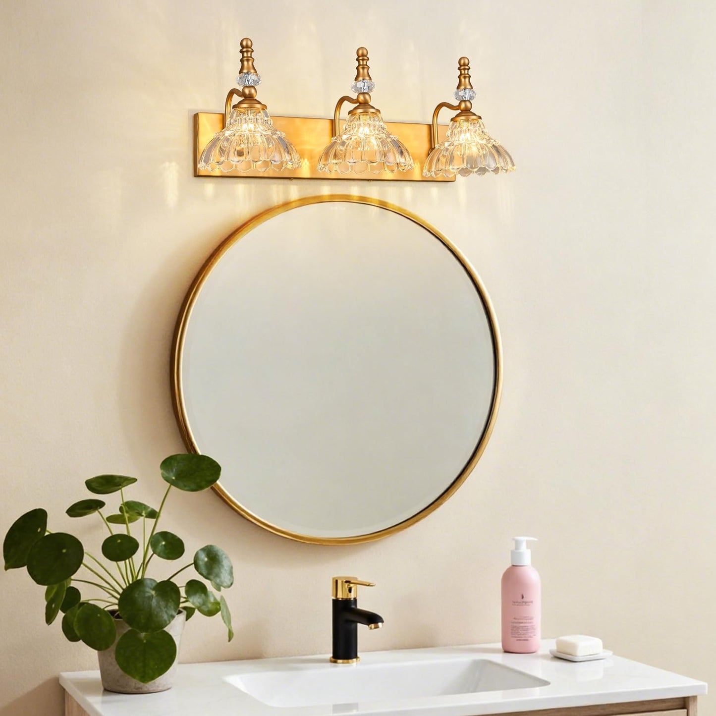 Lbsqj Vintage Bathroom Vanity Light  3-Light Brass Vanity Lighting Fixture With Flower Glass Shade  Bathroom Lighting Fixtures Over Mirror