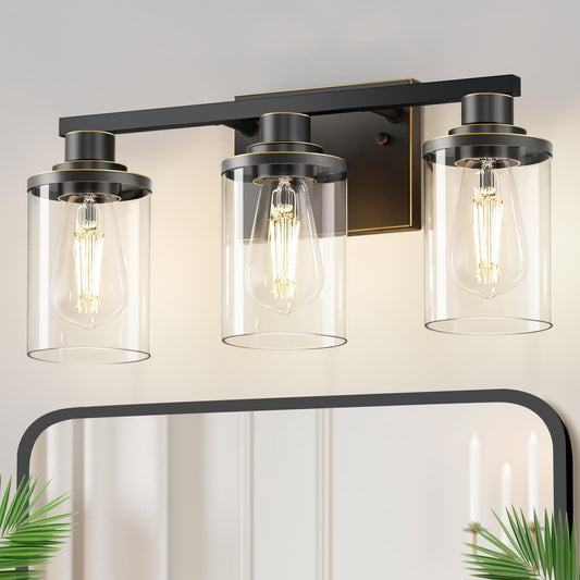 Doresshop 17 Inch Bathroom Light Fixtures  3-Light Black With Gold Trim Bathroom Lighting Fixtures Over Mirror With Clear Glass Shade  Vanity Lights For Living Room Bedroom