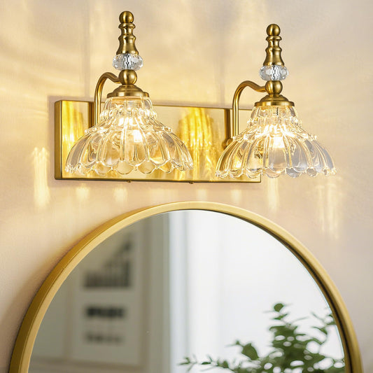 Lbsqj Vintage Bathroom Vanity Light  2-Light Gold Vanity Lighting Fixture With Flower Glass Shade  Bathroom Lighting Fixtures Over Mirror