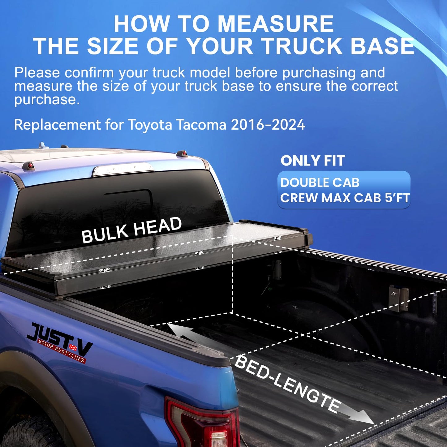 Just-V Hard Tri-Fold Truck Bed Tonneau Cover for Toyota Tacoma 2016-2023 Only Fit Cab CrewMax Cab 5FT Bed, Upgrade Solid FRP Textured Black, Requires Bracket