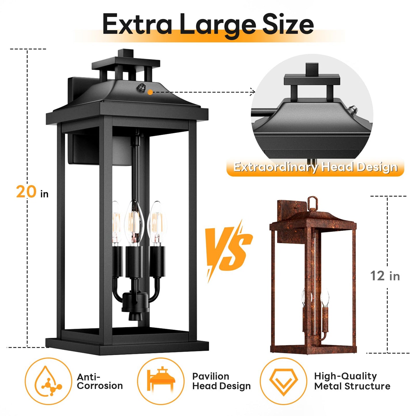 Venzblomia 20 Large Dusk To Dawn Outdoor Lights 3-Light  2 Pack Black Modern Exterior Lighting Fixtures Photocell Sensor Outside Porch Lights Wall Mount  Waterproof Patio Exterior Sconce Lamps E12