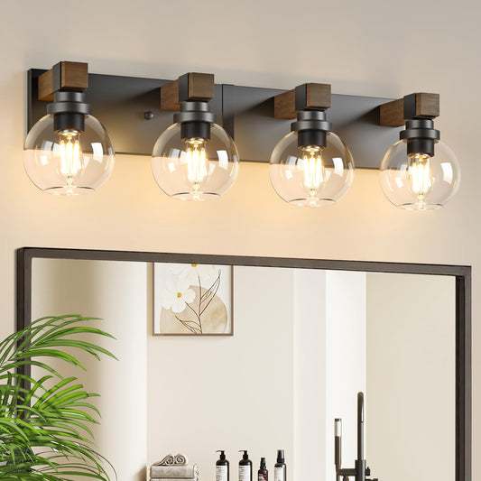 Farmhouse Bathroom Vanity Light Fixtures  4-Light Wood Bathroom Light Fixtures Over Mirror  Rustic Sconces Wall Lighting With Glass Shade For Living Room  Bedroom  Hallway