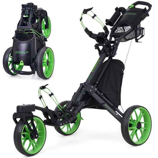 EASEGO Golf Push Cart 3 Wheel : 360° Swivel Front Wheels with Phone Holder/Cup Holder/Umbrella Holder/Foot Brake Quick Fold Golf Walking Push Pull Carts All-Terrain Golf Caddy Carts(Lime Green)