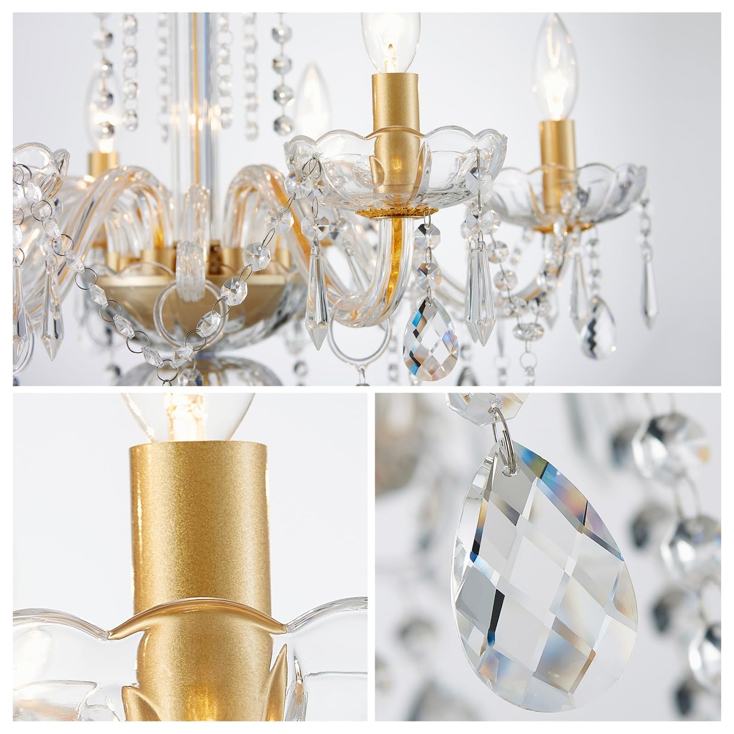 Wuzups 6-Light Crystal Candle Chandelier Pendant Ceiling Light Modern Lighting Fixture For Bedroom Hallway Bar Kitchen Bathroom  H 25.6 W 24.4  E12 Base  Gold