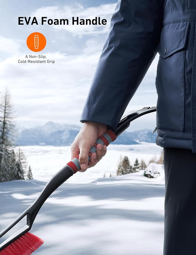 AstroAI 2 Pack 27" Snow Brush and Ice Scrapers for Car Windshield, Detachable Snow Scrapers with Ergonomic Foam Grip for Cars, Trucks, SUVs (Heavy Duty ABS, PVC Brush, Orange)