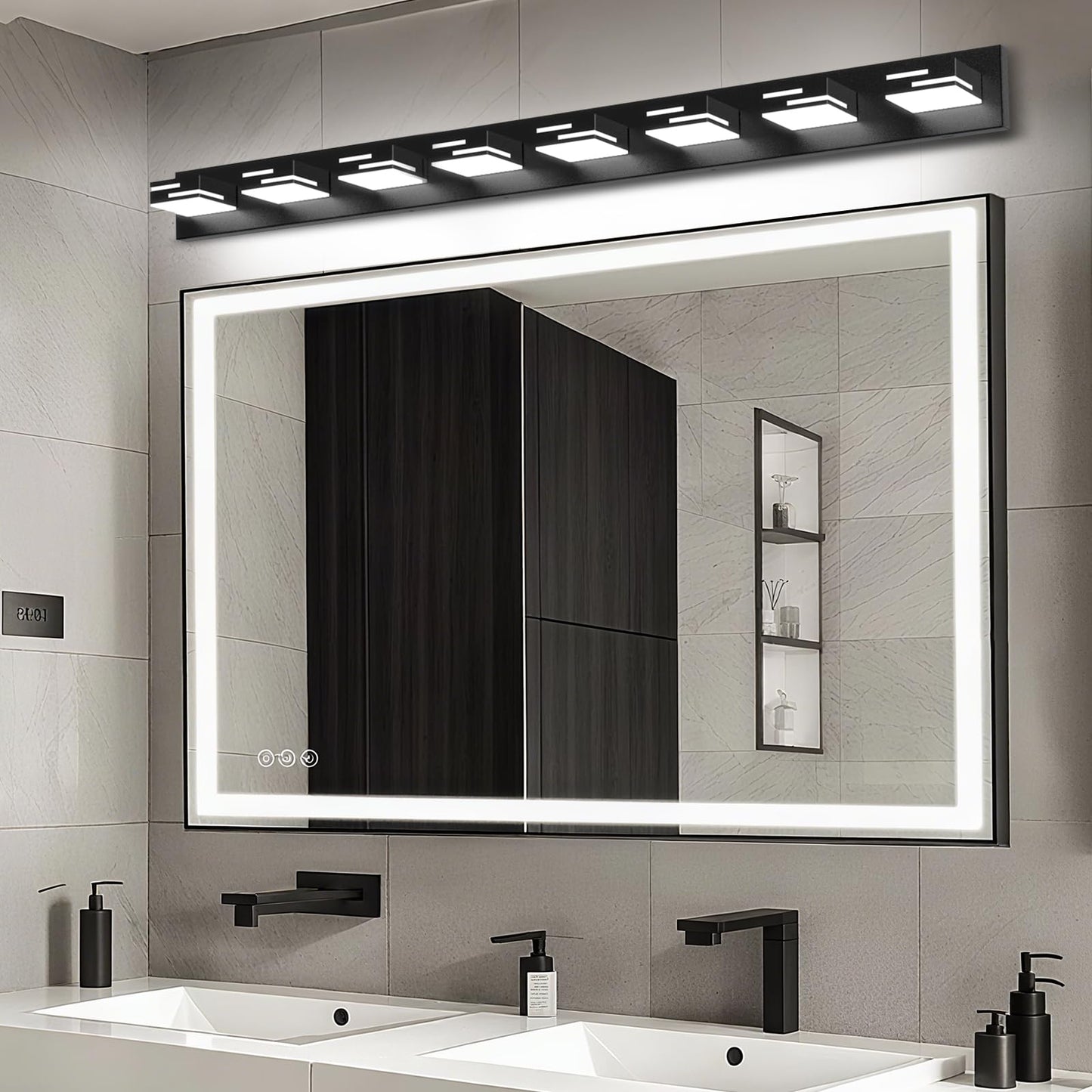 Lkhf Led Modern Bathroom Vanity Light Fixtures  8-Light 55-Inch Dimmable Matte Black Vanity Lights For Bathroom Lighting Fixtures Over Mirror  With 350?Rotatable Acrylic Heads (Cool White 6000K)