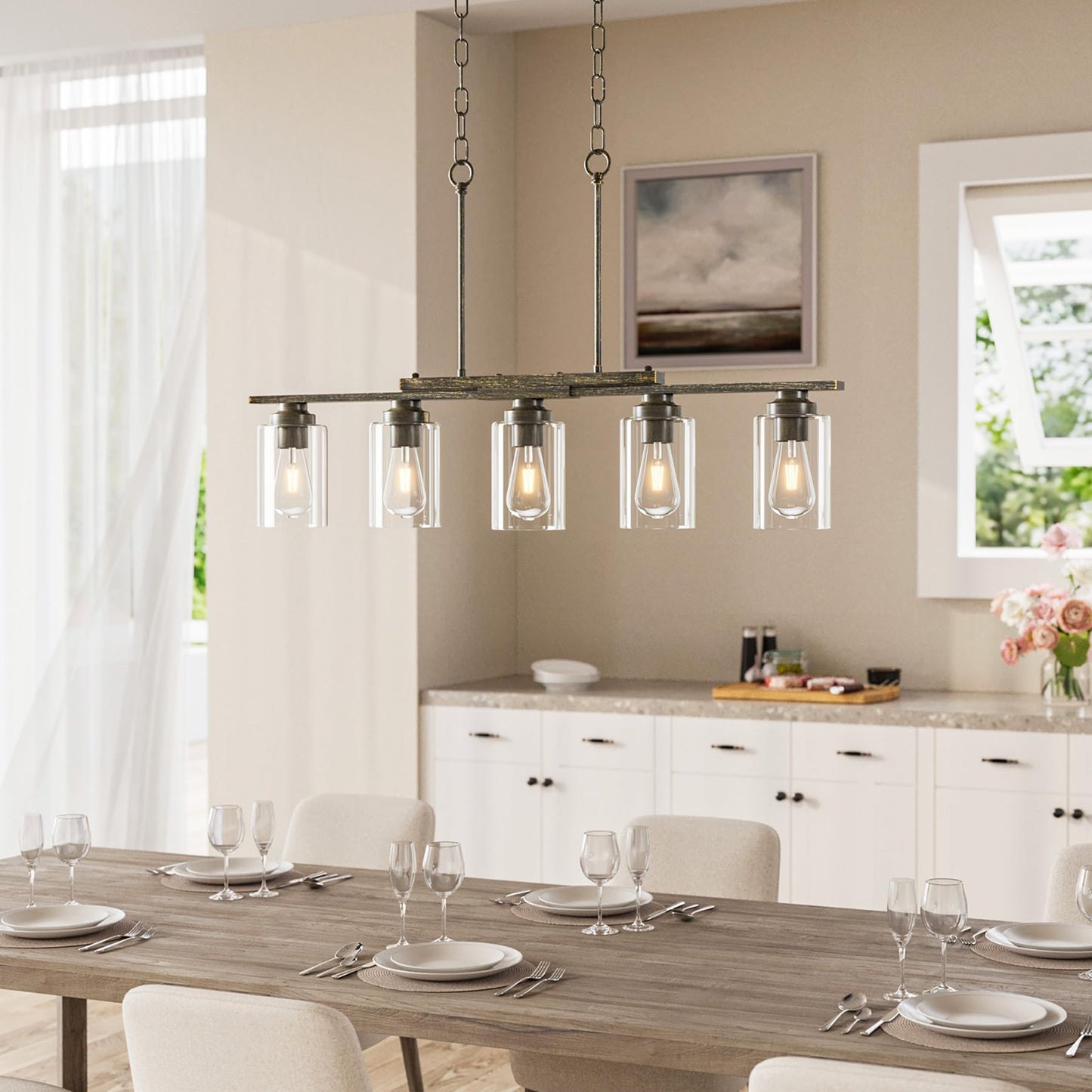 Vonluce Kitchen Island Lighting  5-Light Dining Room Light Fixture Over Table With Glass Shade And Adjustable Rods  Farmhouse Linear Chandelier For Kitchen Living Room  Antique Black  Etl Certificated