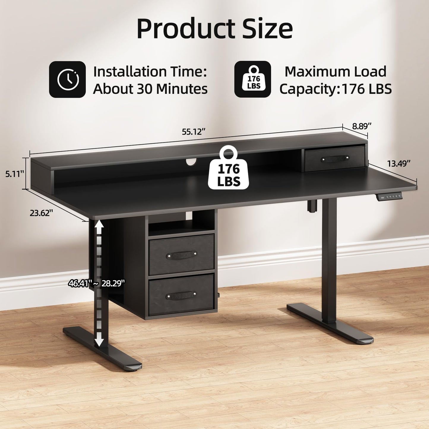 55x24 Inches Standing Desk with Drawers, Electric Computer Desk with Open Storage Shelf, Stand Up Desk, Adjustable Height 28-46 Inches for Home and Computer Workstation, Black