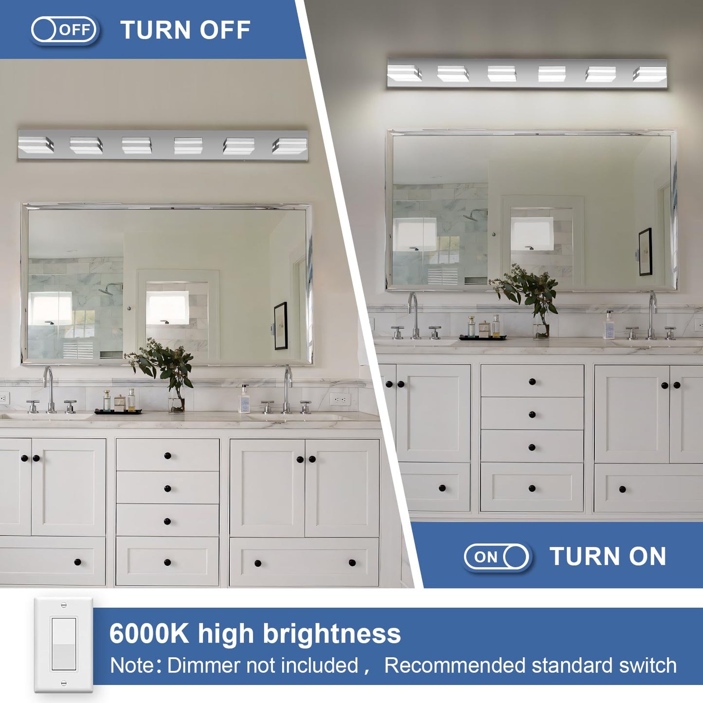Jzekvn Modern Led Bathroom Lights Fixtures(6-Light) Stainless Steel Chrome Acrylic Wall Lighting Vanity Lights For Bathroom Over Mirror(6000K 41In