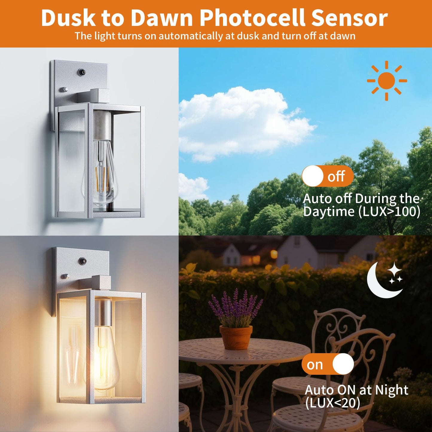 2 Pack Silver Dusk To Dawn Exterior Lighting Fixtures Wall Mount  Sensor Outside Front Porch Lights For House  Outdoor Lantern Lamp  Waterproof Wall Sconce Lights  Coach Light For Garage Entryway