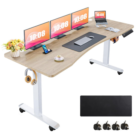 farexon Electric Standing Desk Adjustable Height,63x24 Inches Stand Up Desk with 4 Preset Heights, Lockable Casters,Double Hooks,27.5''-46.5'' Lifting Range Curved Home Office Computer Desk(Oak Grey)