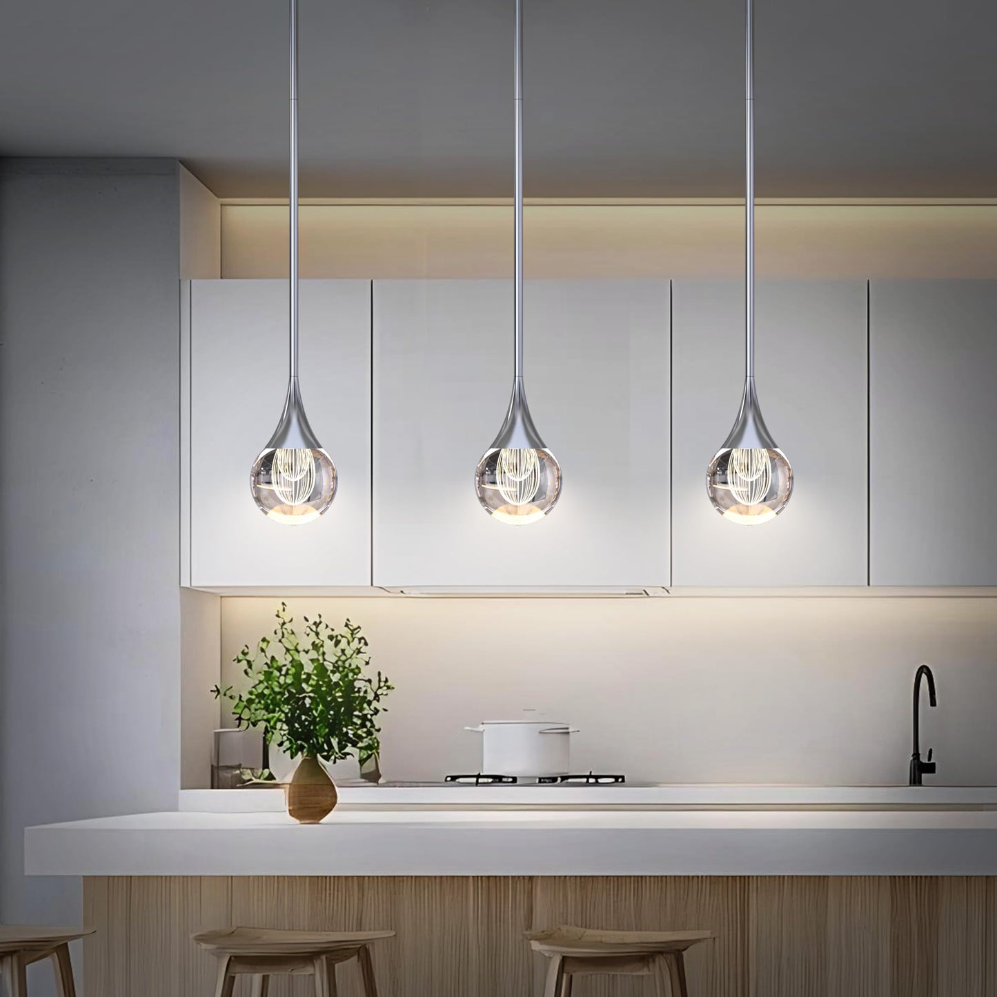 2-Pendant Lights Kitchen Island  Silver Crystal Globe Ceiling Hanging Light Fxitures  Led Light Fixtures Metal Rod Ceiling Glass Pendant Lighting For Kitchen Island Dining Room Bar