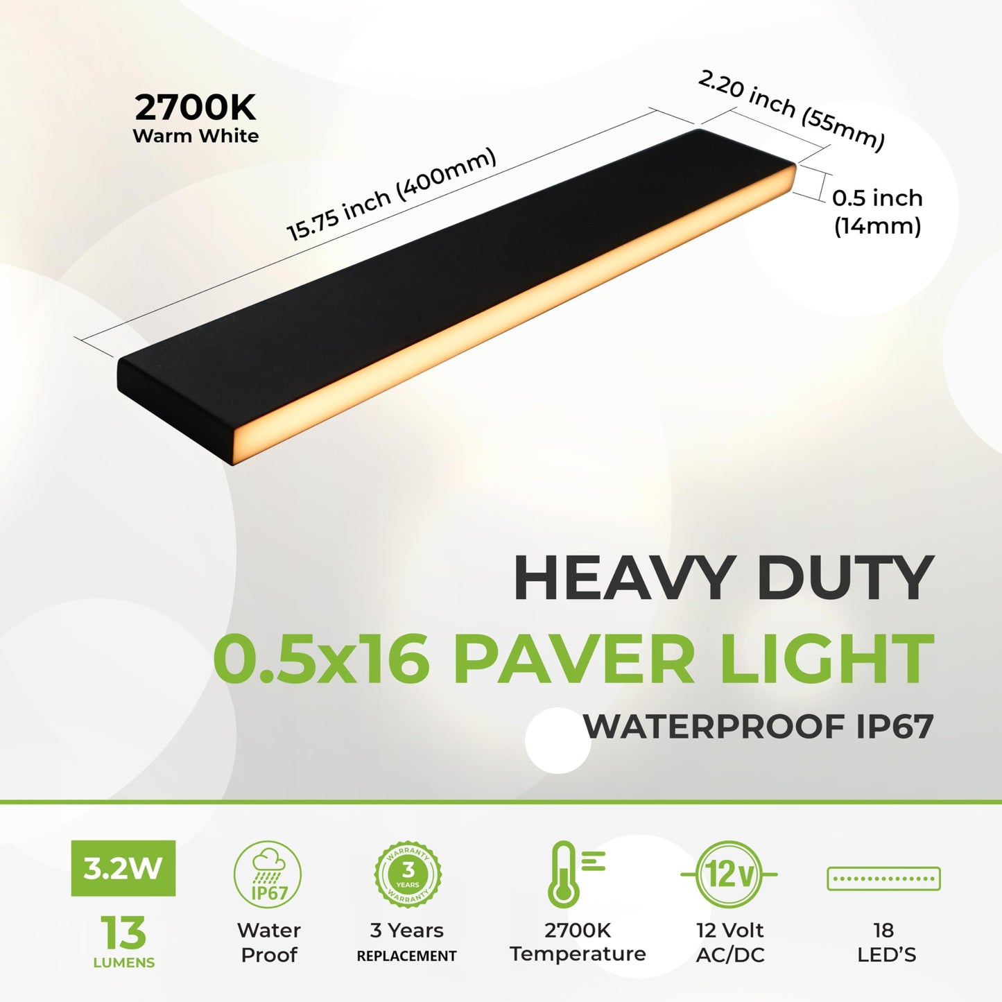 Lumengy Paver Light Slim 0.5X16 Inch Glare-Free 2700K Warm White  Steel Brick Lighting For Pavers  Walls  Driveway & Pathway Borders  Waterproof Ip67  12V Ac/Dc Drive-Over Rated