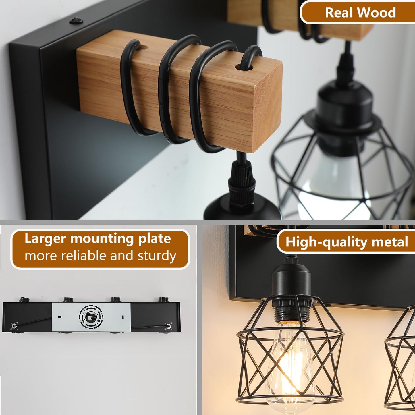 Farmhouse Vanity Light Fixture 6-Light Bathroom Lighting Black Industrial Wood Wall Light Over Mirror With Metal Shade Led Bulbs Not Included
