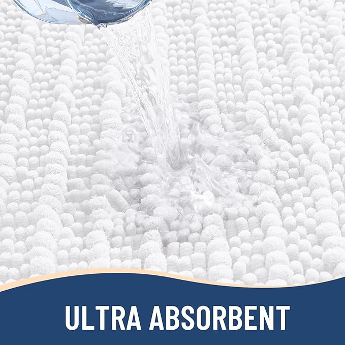 Arotive Luxury Chenille Bathroom Rug Mat, Extra Soft Thick Absorbent Shaggy Bath Rugs, Non-Slip Machine Wash Dry, Plush Bath Mats for Bathroom, Shower and Tub, 60x20, White