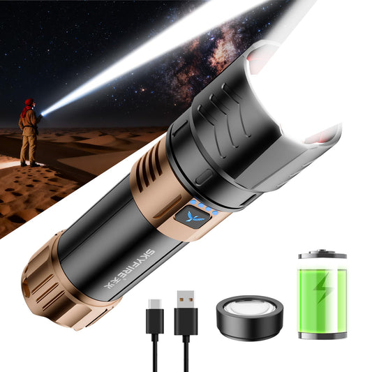 Skyfire Rechargeable Flashlights High Lumens With Ignition Lens 3000Lm Super Bright Flashlight Plus 7500Mah Zoomable Waterproof Tactical Flash Light For Camping Essentials Outdoor Home&Gifts-Upgraded