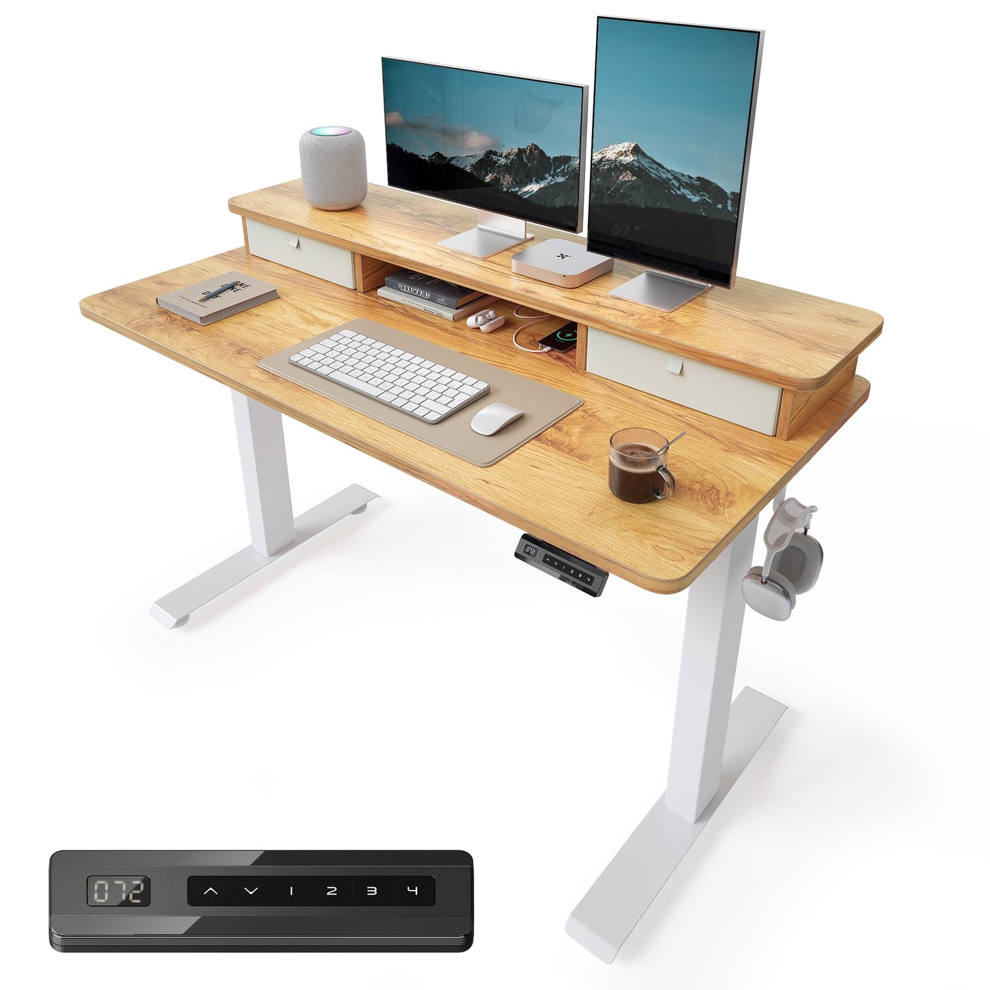 TENKIA 48x24 Inch Electric Standing Desk with Double Drawers, Adjustable Feet & Hooks, Ergonomic Home Office Workstation, Light Rustic