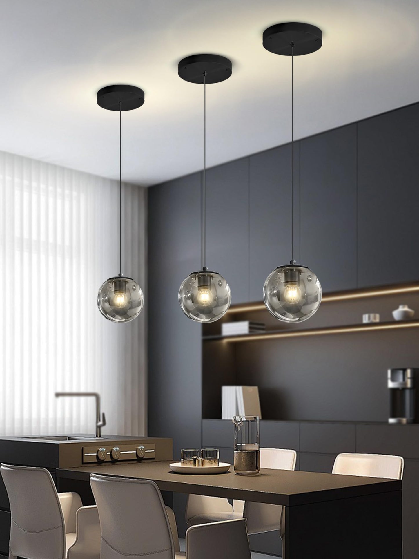 Ykolupty 1-Light Black Pendant Light Fixtures Modern Smoke Gray Glass Globe Pendant Lights Kitchen Island Adjustable Hanging Lights Globe Stairwell Lighting Black Chandelier For Dining Room