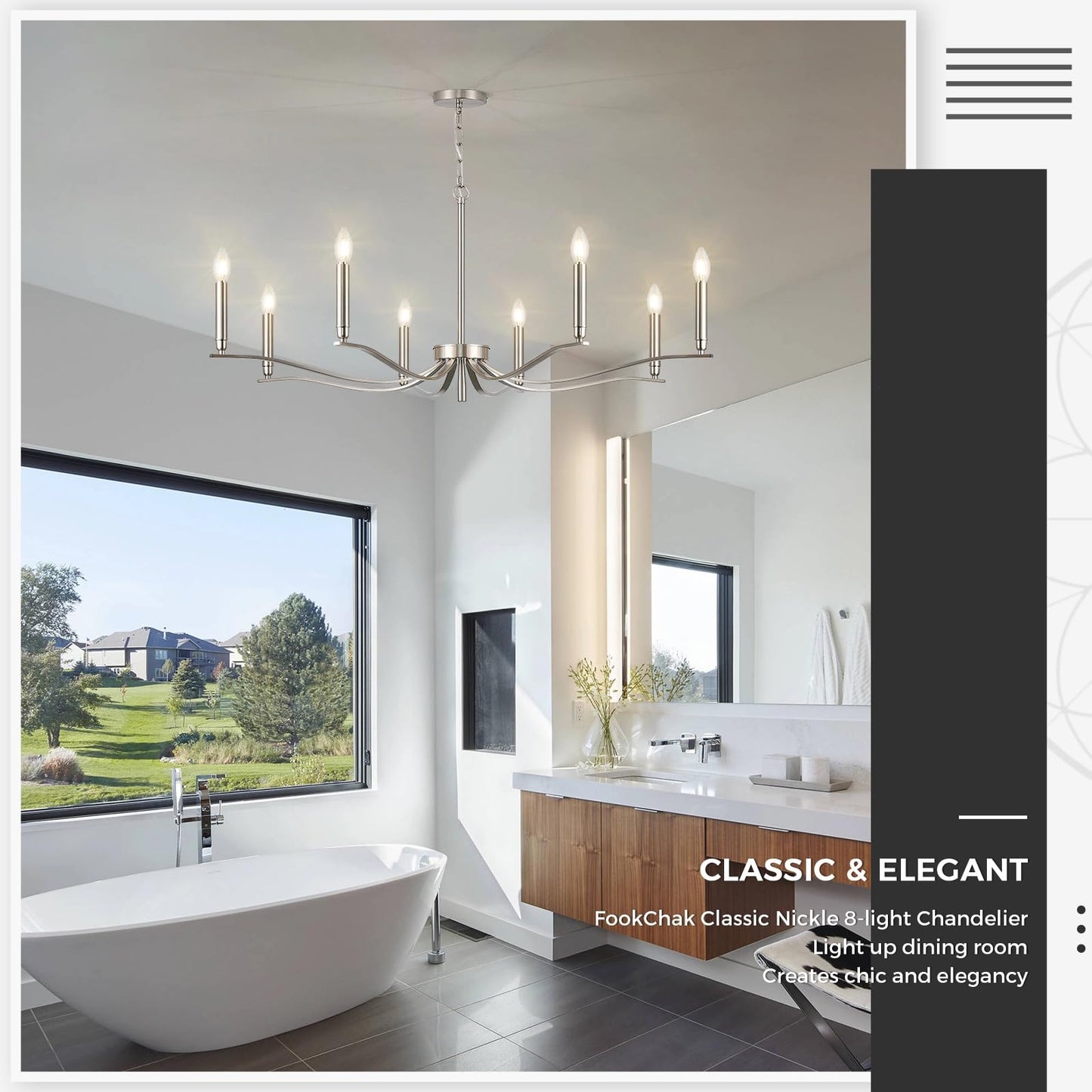 Fookchak Nickel Chandeliers For Dining Room  8-Light Chandelier Light Fixture Over Table Modern Candle Chandelier 44In Master Bedroom Chandeliers Lighting For Entry Foyer Bathtub Living Room