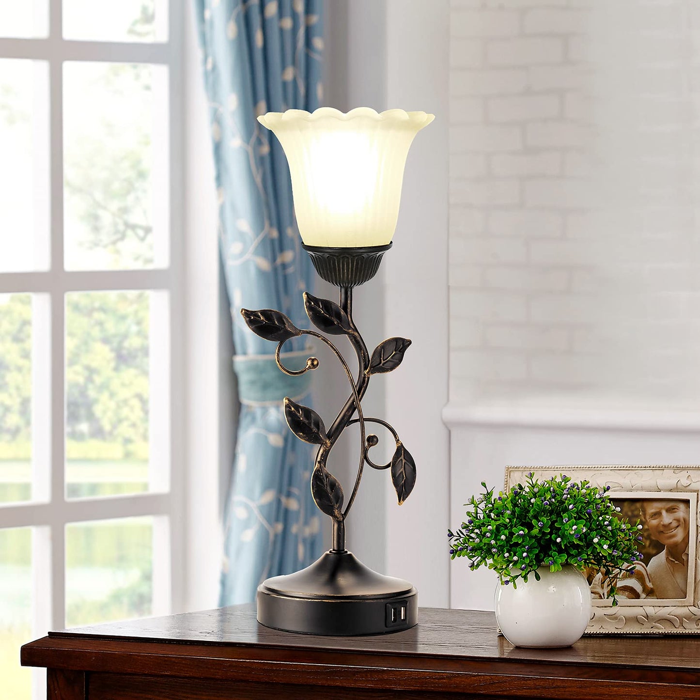 RORIANO Touch Control Bedside Lamp, 3-Way Dimmable, Metal Leaf Design, Black & White Glass Shade, LED Bulb Included, Model LM-L08841-TT