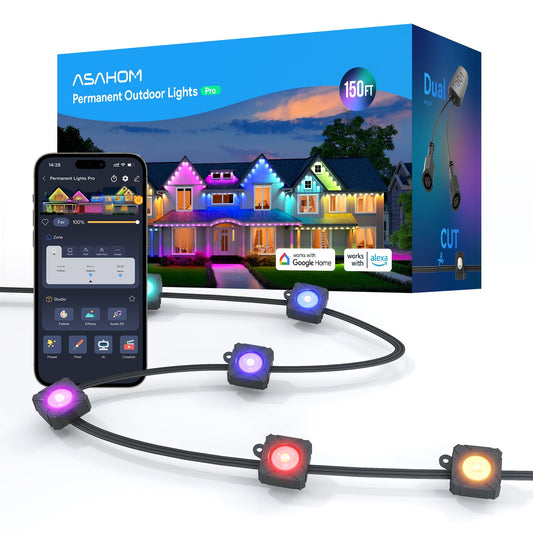Asahom Permanent Outdoor Light Pro S108C  150Ft With 108 Rgbcw 70Lm Led  Wled Integration  Ai Lighting  30000 Lighting Effect Combination  Ip67 Waterproof For Christmas New Year Daily Decor  Black