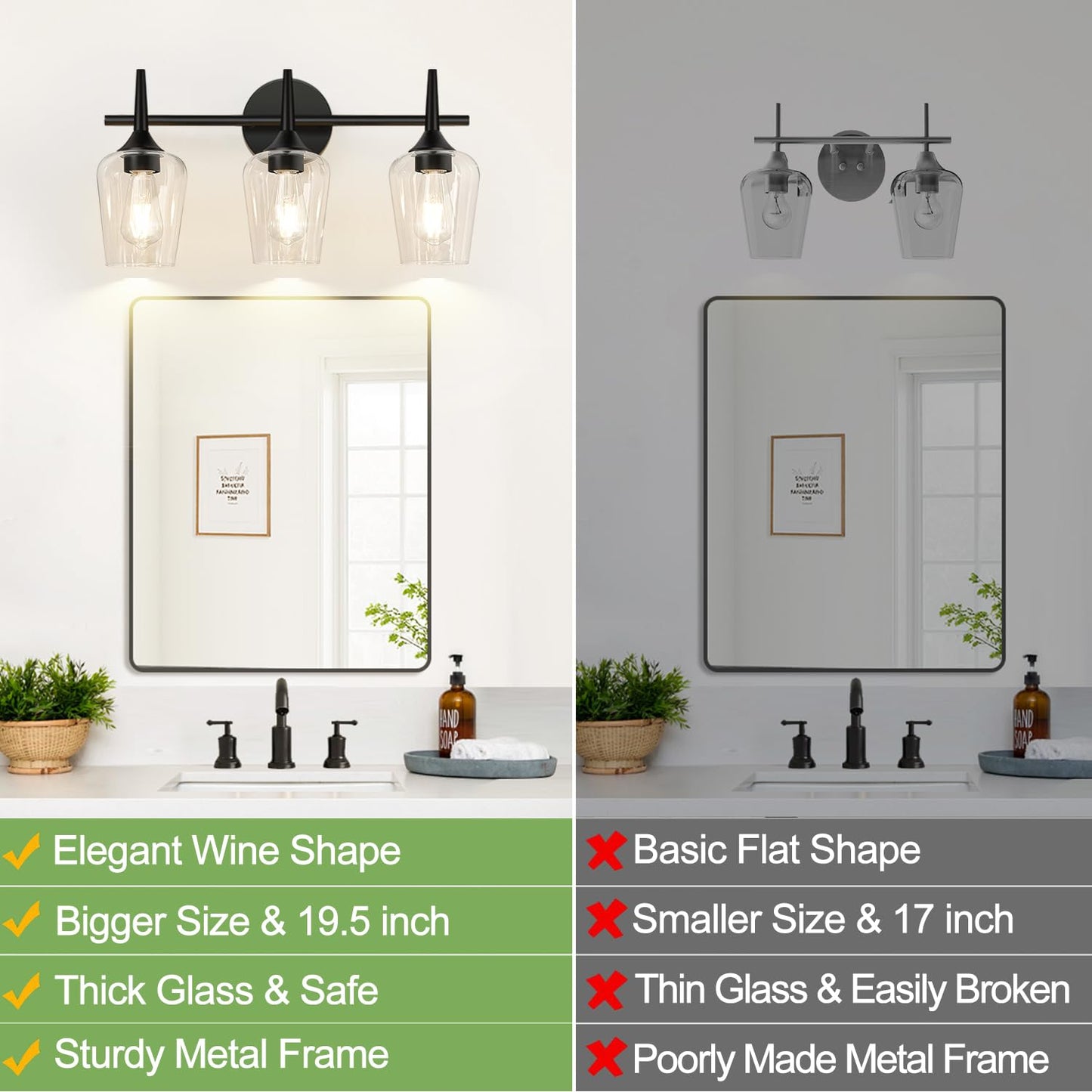 Mokatng 2025 Upgrade 3-Light Bathroom Light Fixtures  Black Vanity Lights For Bathroom With Clear Glass  19.5 Inch Bathroom Lighting Fixtures Over Mirror  Modern Wall Lamp For Cabinet Hallway