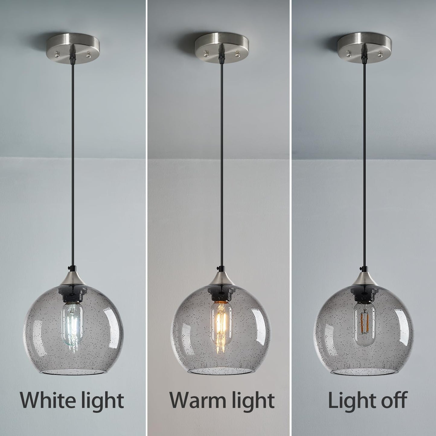 Lbsqj Light Grey Glass Pendant Lights Kitchen Island Lighting Globe Pendant Light Fixtures Modern Pendant Lighting For Bedroom Living Dining Room Light Fixture (7.87 In  1 Pack)