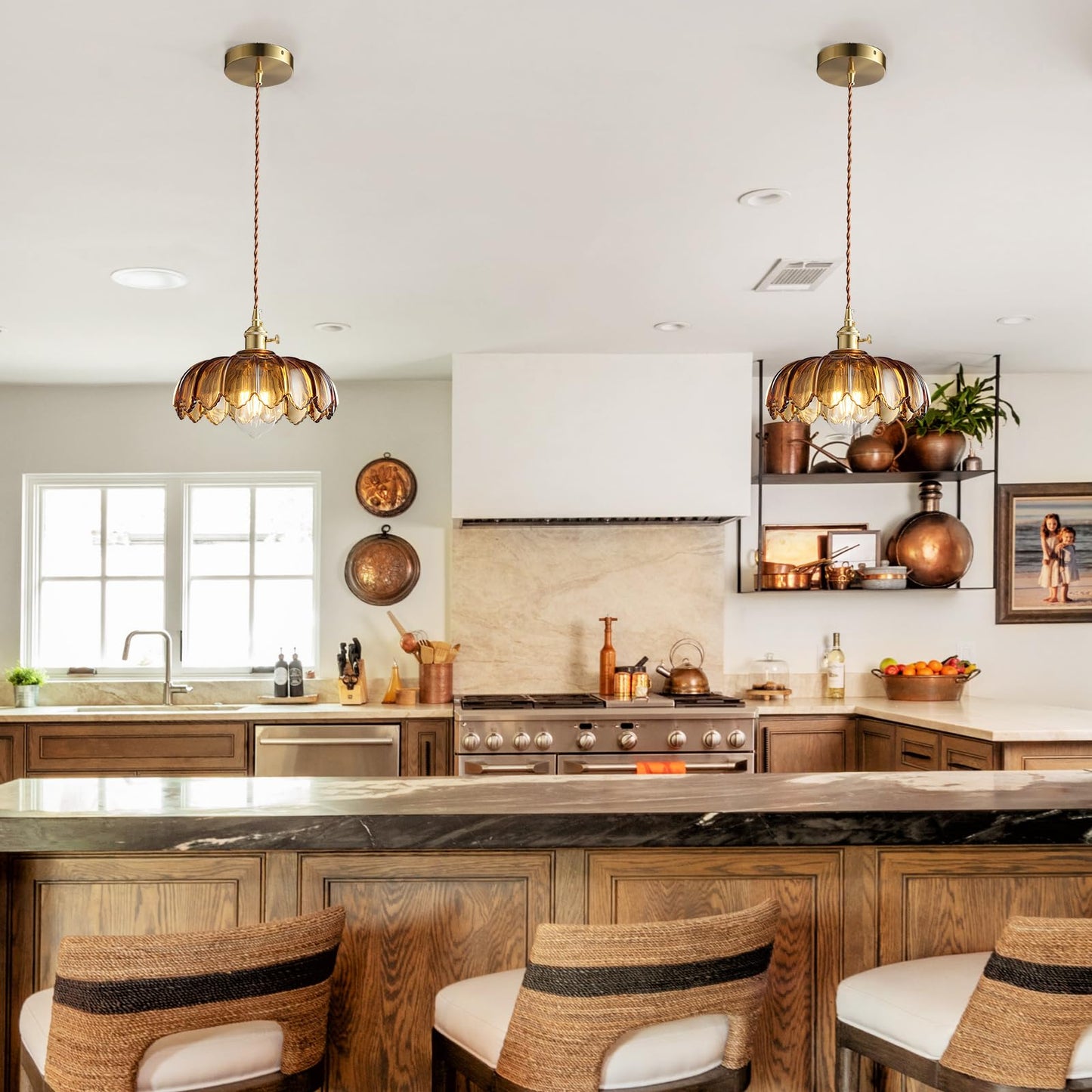 Xzhgcee Pendant Lights Kitchen Island: Amber Glass Hanging Light Fixture With Rotating Switch  E26 Base - Modern Lighting For Dining Room  Bedroom & Living Room