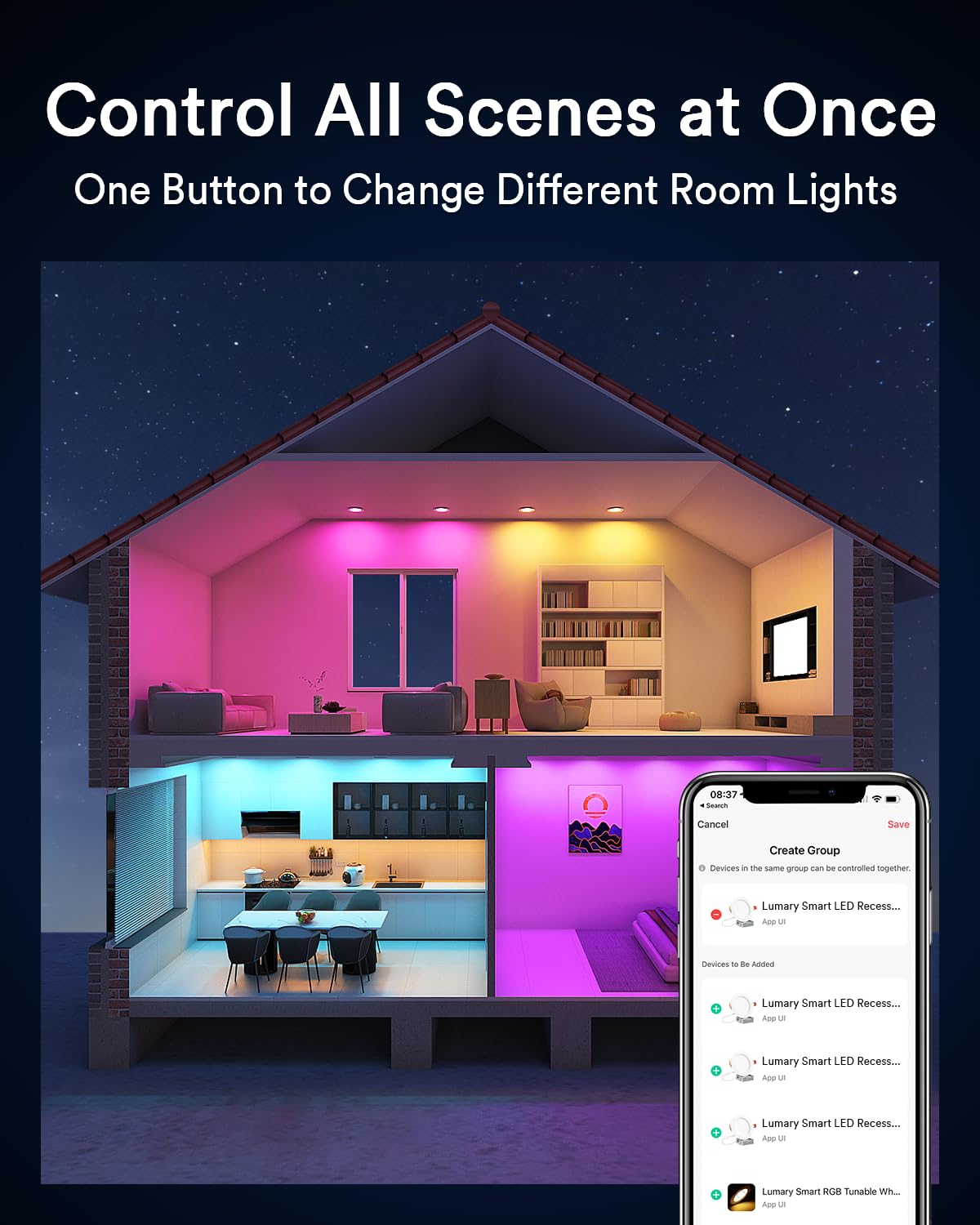 Lumary Smart Recessed Lighting 6 Inch With Remote  Work With Alexa/Google  Canless Wifi Led Wafer Recessed Lights  Rgbww Ceiling Downlight With J-Box And Metal Anti-Glare Baffle Trim  4 Pack