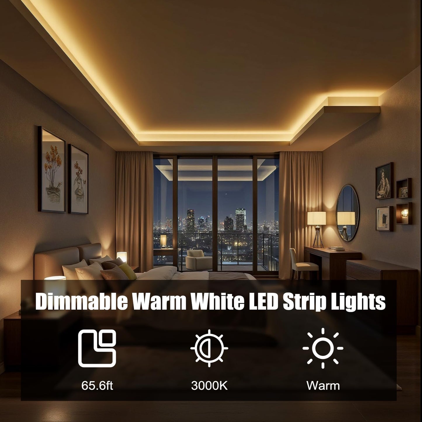 Myplus Under Cabinet Lighting Kit  65.6Ft Dimmable Led Strip Lights With 1200 Leds 24V  Low Power Safety Adapter  Flexible Tape Light For Kitchen Cabinet Bedroom Counter Shelf (Warm White-3000K)