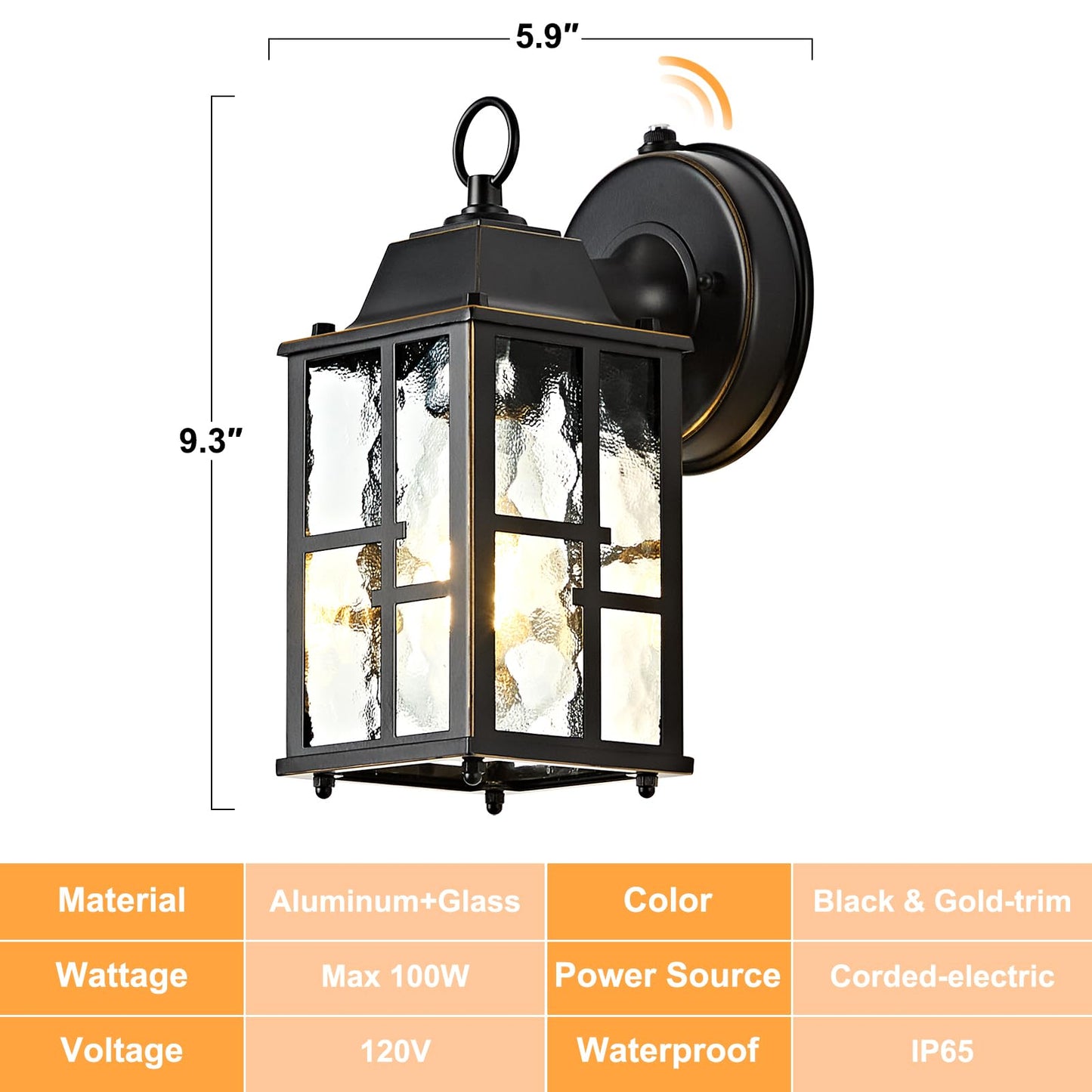 Okeli 2-Pack Dusk To Dawn Outdoor Wall Lights  Weatherproof Exterior Lighting Fixture Wall Mount  Aluminum Ripple Glass Porch Light  Anti-Rust Outside Wall Sconce For House  Garage(Black&Gold-Trim)