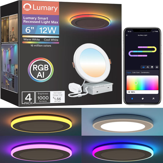 Lumary Rgbai Smart Recessed Lighting 6 Inch With Gradient Accent And Night Ring  12W 1000Lm Wi-Fi Led Recessed Lights  Led Downlight Compatible With Alexa/Google Assistant/Siri  4Pcs