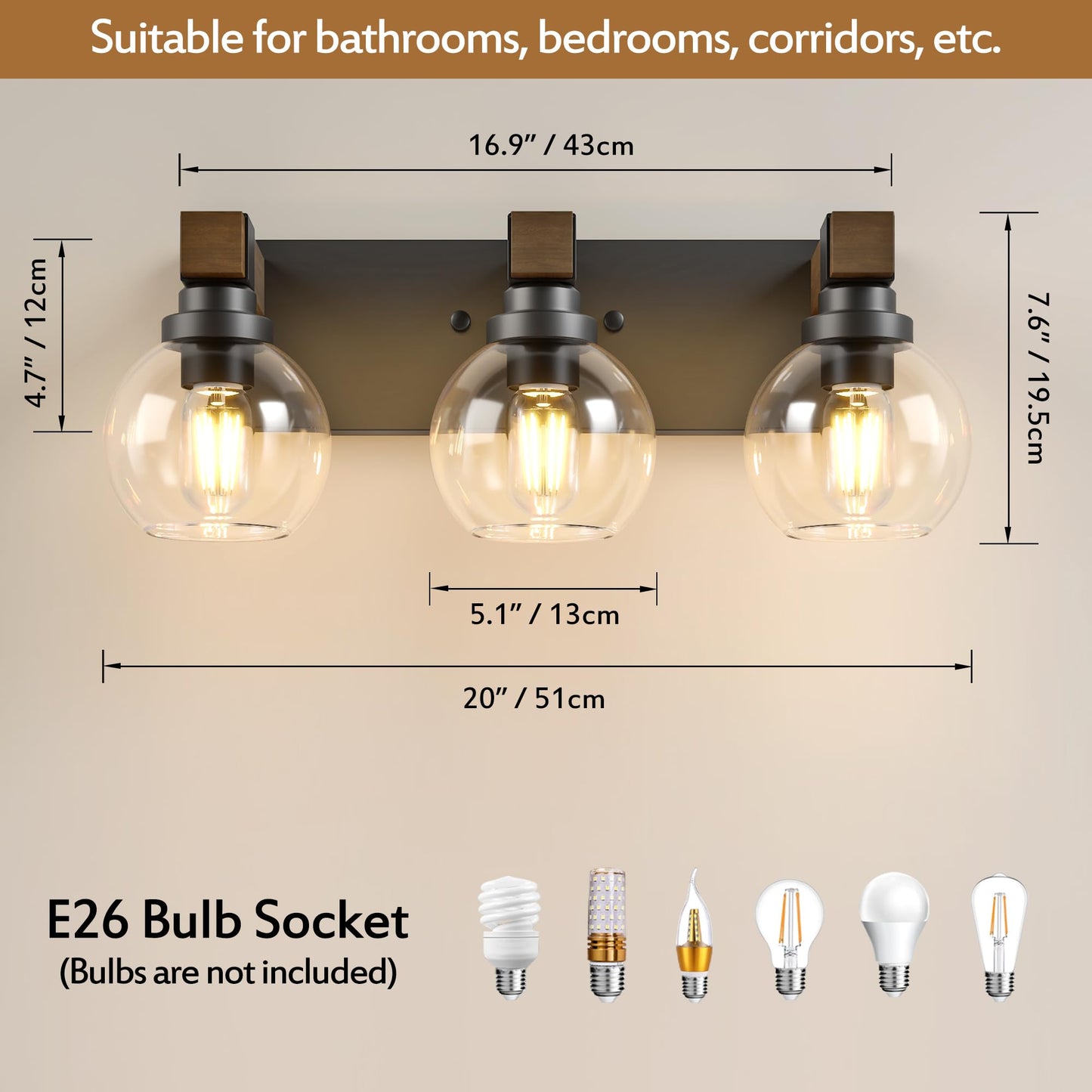 Farmhouse Bathroom Vanity Light Fixtures  3-Light Wood Bathroom Light Fixtures Over Mirror  Rustic Sconces Wall Lighting With Glass Shade For Living Room  Bedroom  Hallway