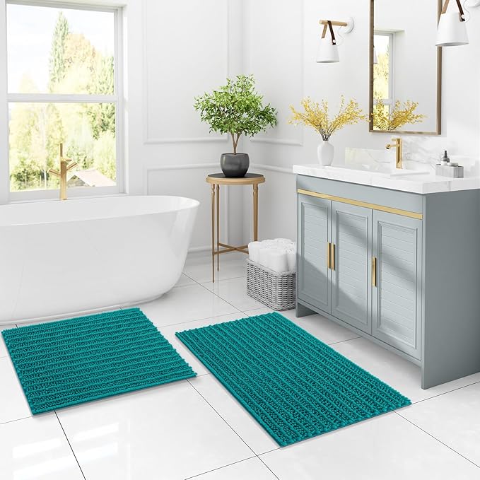 Arotive Luxury Chenille Bathroom Rug Mat, Extra Soft Thick Absorbent Shaggy Bath Rugs, Non-Slip Machine Wash Dry, Plush Bath Mats for Bathroom, Shower and Tub, 47x24, Lake Blue