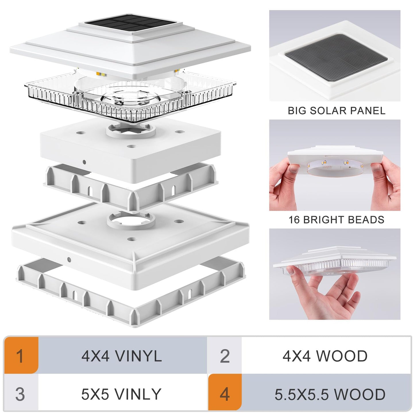 Aponuo Solar Post Cap Lights 16-Pack  White Ip64 Waterproof 16 Led Fence Post Solar Lights For 4X4 5X5 6X6 Wood/Vinyl Posts  2-Mode Deck Post Lights Solar Powered  10-Hr Lighting For Patio Yard Porch