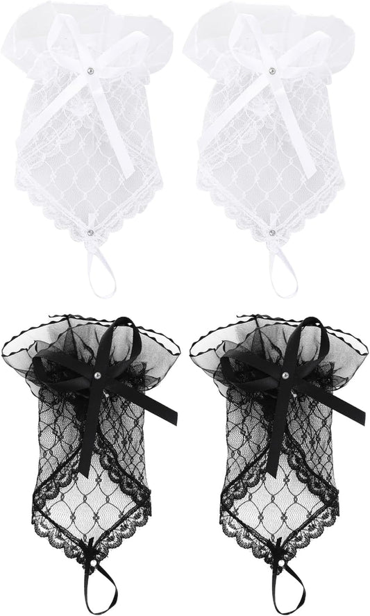 2 Pairs Lace Gloves Women Tea Party, Lace Fingerless Bridal Gloves with Bow Rhinestone for Banquet Tea Party Wedding Bridal (Black White)