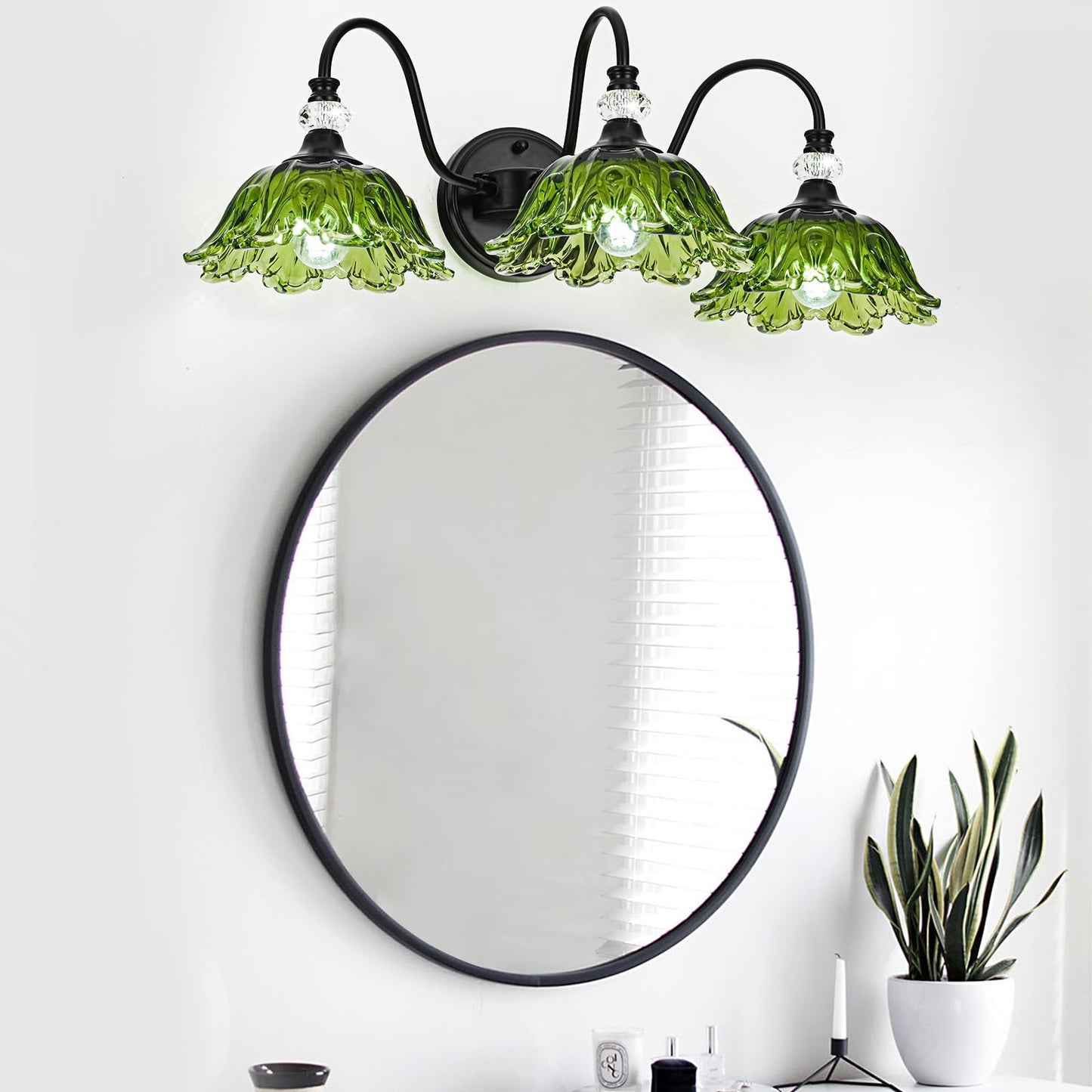Sunkryster Black Bathroom Vanity Light 3-Light Vanity Light With Floral Green Glass Shades Vintage Farmhouse Wall Mount Lighting For Bathroom  Dressing Table