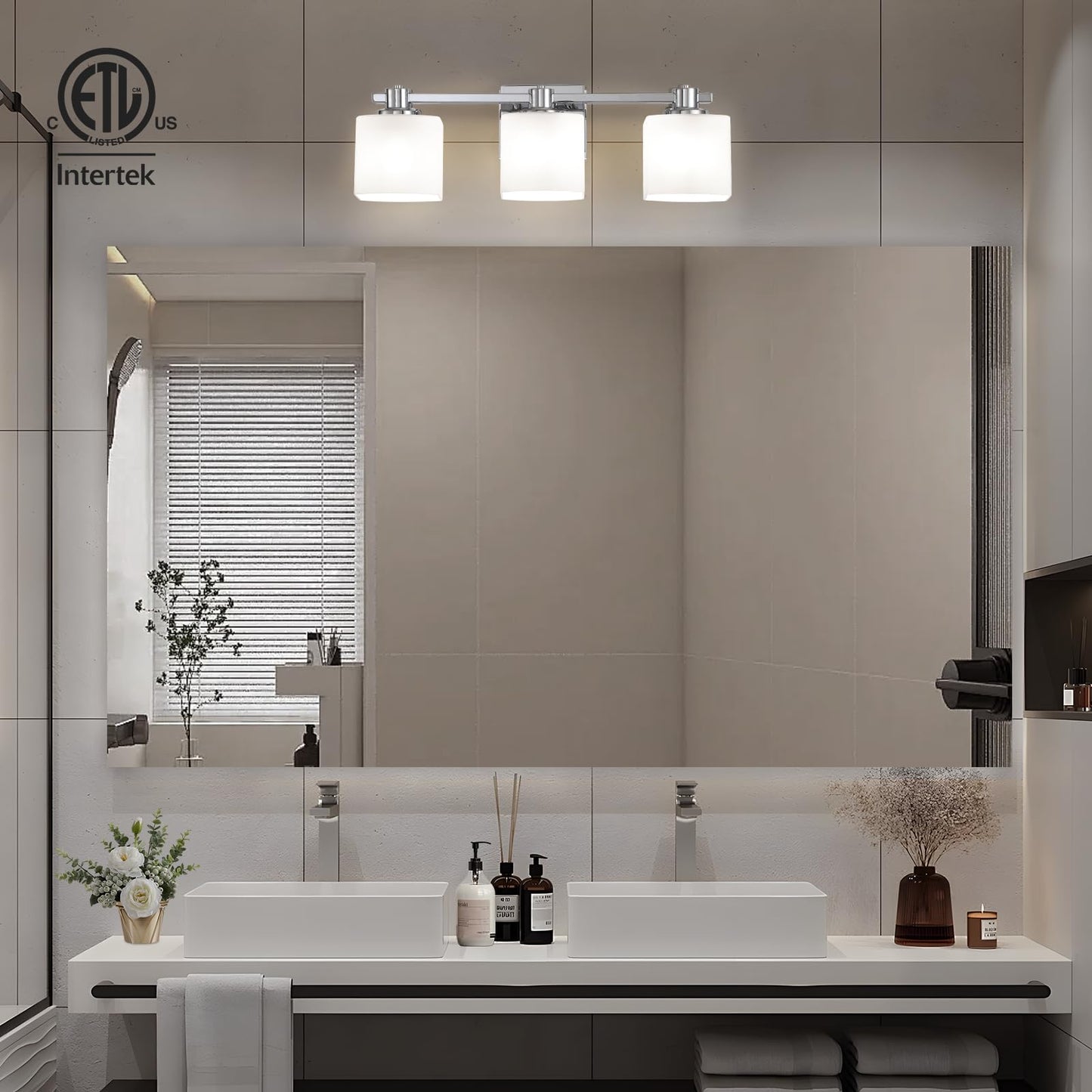 Nedyzog 24 Inch Chrome Bathroom Light Fixtures Over Mirror 3 Light Bathroom Vanity Light Silver Modern Industrial Makeup Lighting Wall Sconce Shower Farmhouse Rustic Milk Glass Lamp Above Desk Sink
