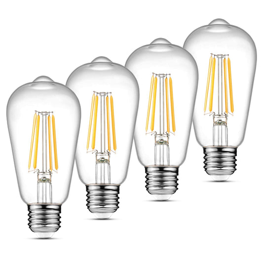 Ascher Vintage Led Edison Bulbs, 6W Equivalent, Warm White 2700K, Clear Glass, Pack Of 4, E26 Medium Base, Non-Dimmable