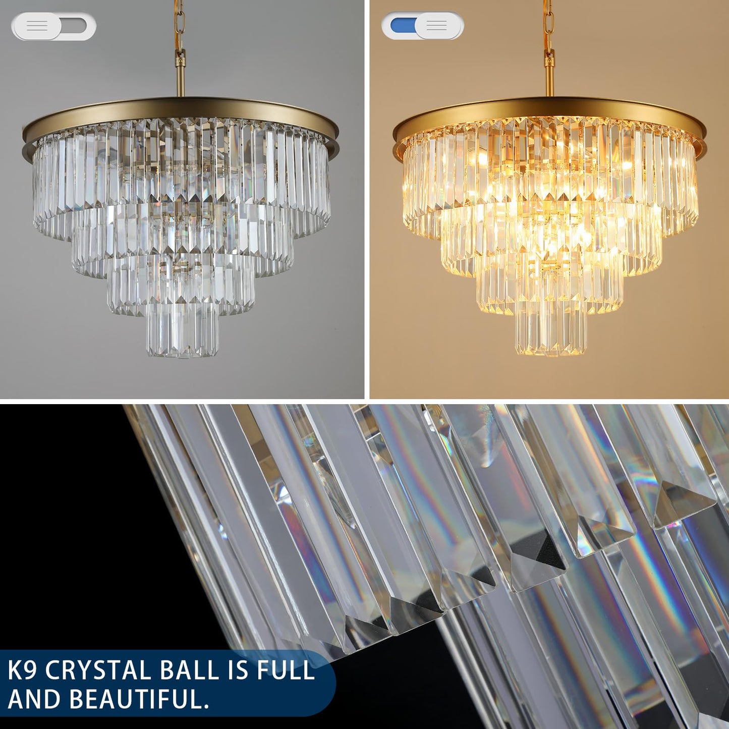 Crystal Chandeliers For Dining Room Lights Fixture Over Table  15 Lights Gold Modern Chandeliers For Living Room  4-Tier Round Crystal Lighting Fixtures For Bedroom Entryway Kitchen Island D24 Inch