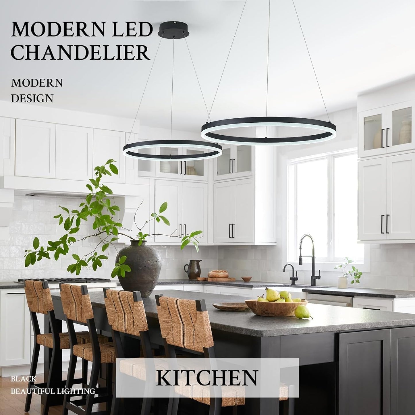 Sparklelf Modern Led Pendant Lighting 24 Ring Chandelier Black Dimmable Led Chandelier For Dining Room 36W Adjustable Pendant Light Fixture For Living Room Bedroom Home Office Foyer  3000-6500K
