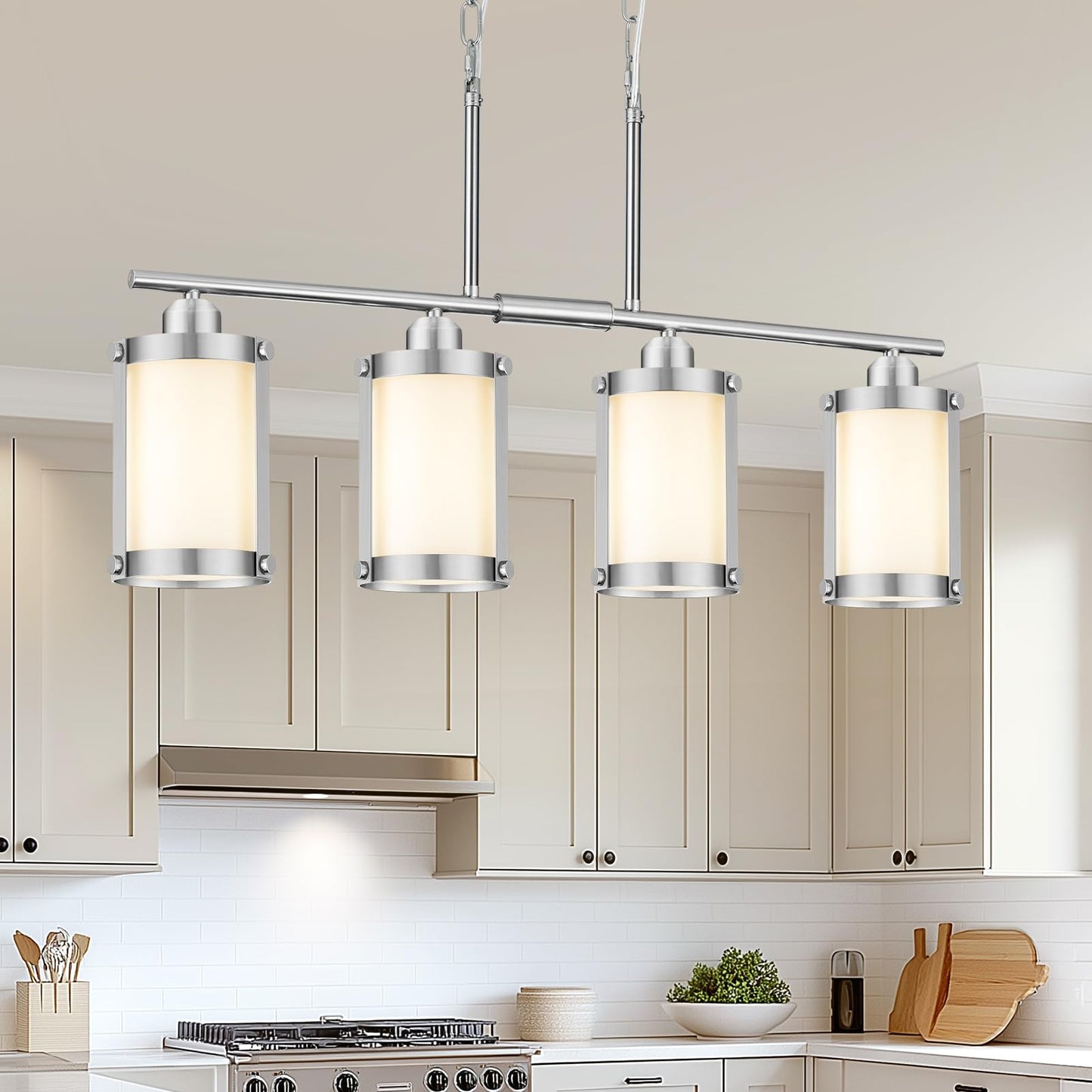 Osimir 4-Light Kitchen Island Lighting  Brushed Nickel Linear Dining Room Light Fixtures With Frosted Glass  Modern Industrial Chandelier Pendant Light For Kitchen Island Dining Room  Os-3014-4Isbnw